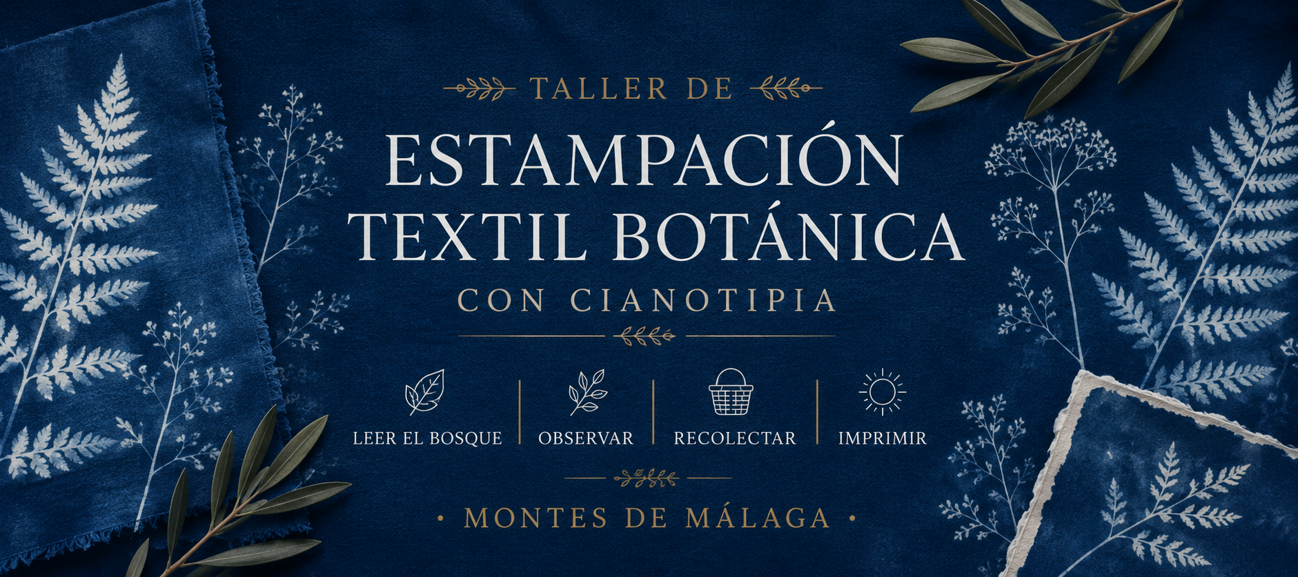 Taller de estampacion textil con cianotipia botanica en los Montes de Málaga